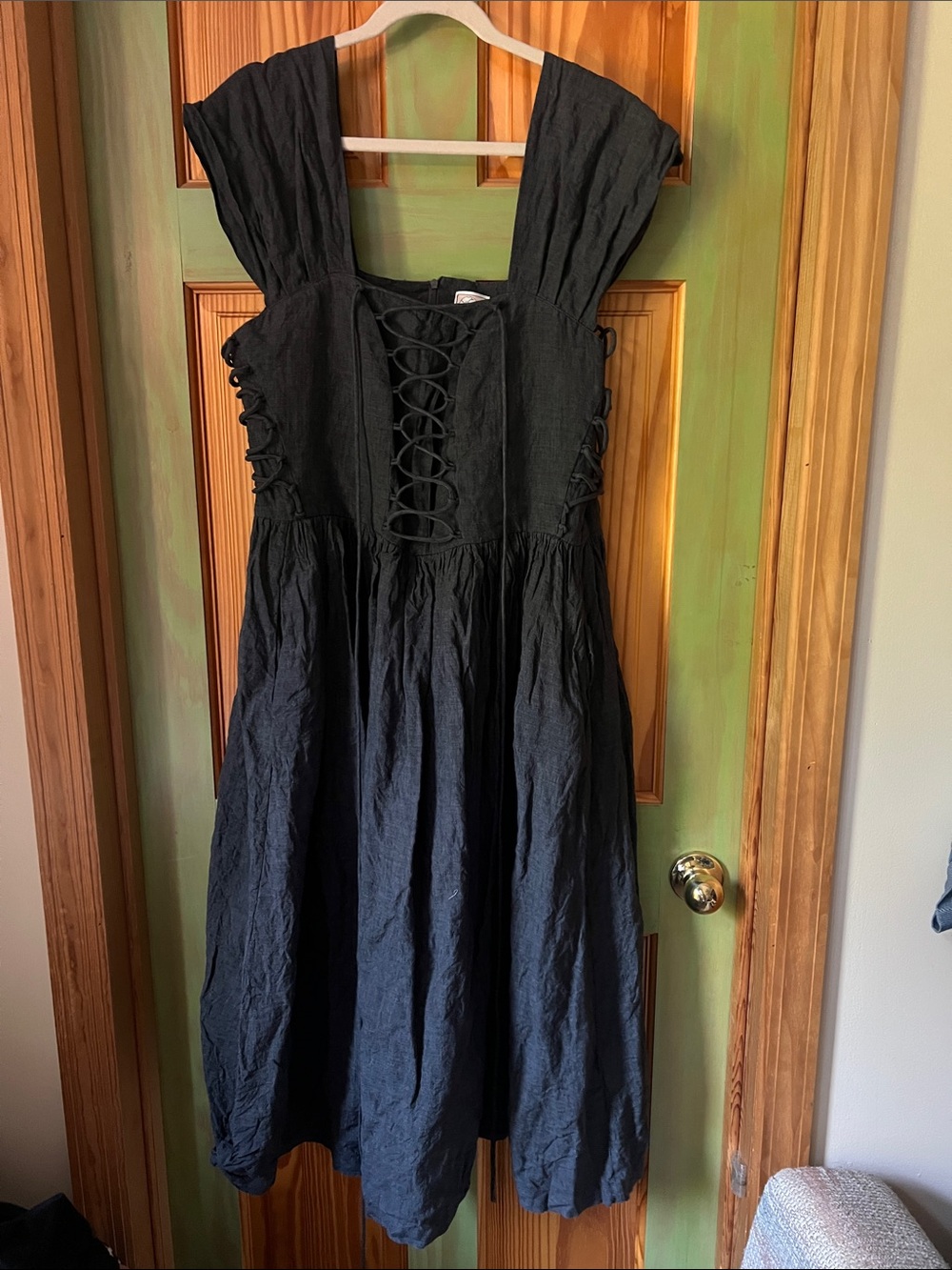Lace-Up Corset Gray Midi Dress with Wide Straps